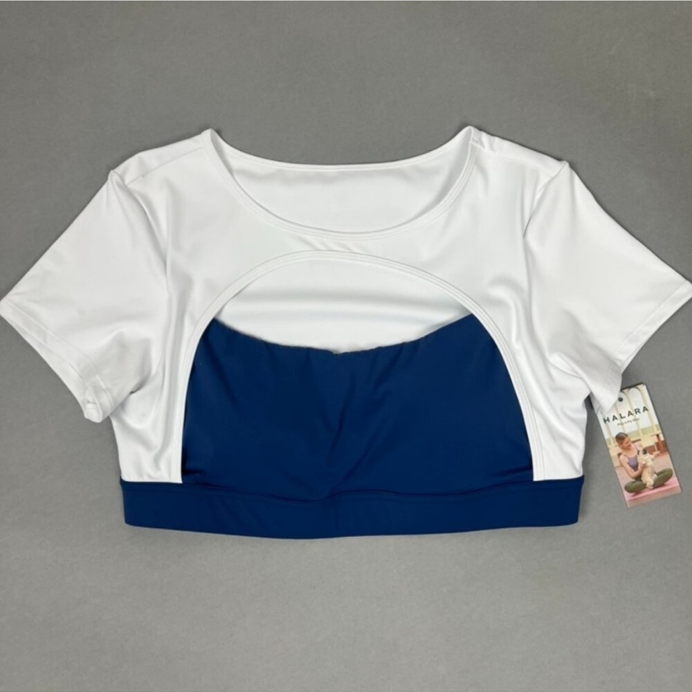 NWT Halara Tee Womens XL White Blue Cut Out Short Sleeve Cropped Barre Dance Top